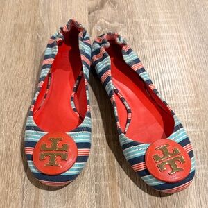Striped Tory Burch Flats with Red and Blue Accents